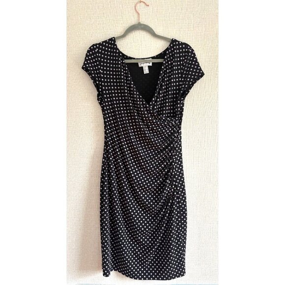 Joseph Ribkoff Black & White Polka Dot Faux Wrap Stretchy Midi Dress Cap Sleeve - Picture 1 of 7
